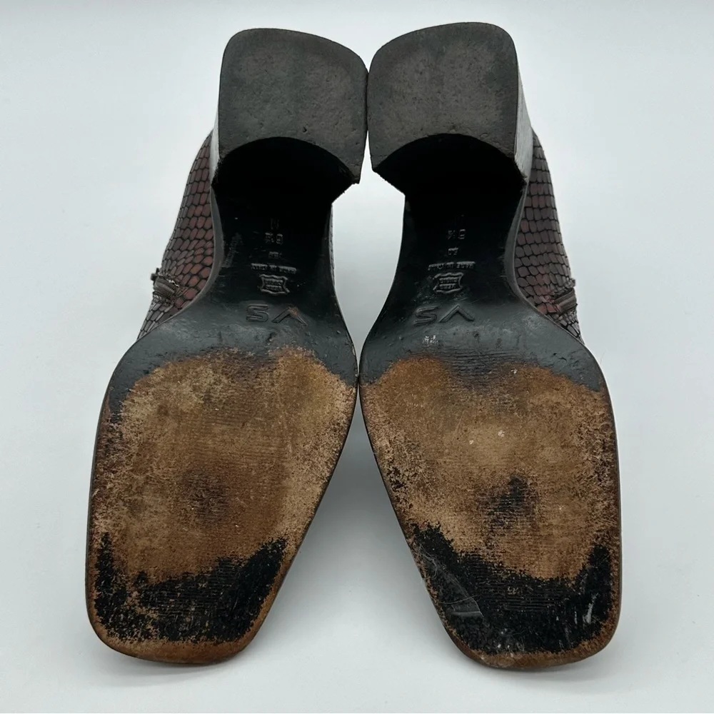VS Dark Brown Leather Snakeskin Print Square Toe Block Heel Booties